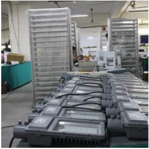 Solar street light luminaires in final assembly